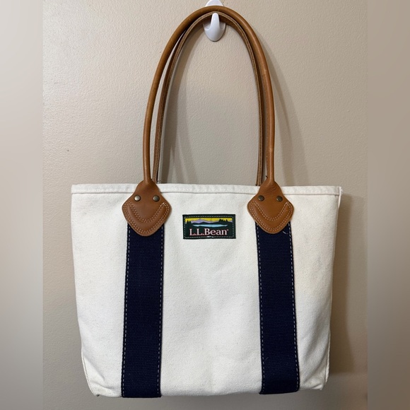 L.L. Bean Handbags - L.L. Bean White Canvas Tote with Navy Straps and Brown Leather Handles